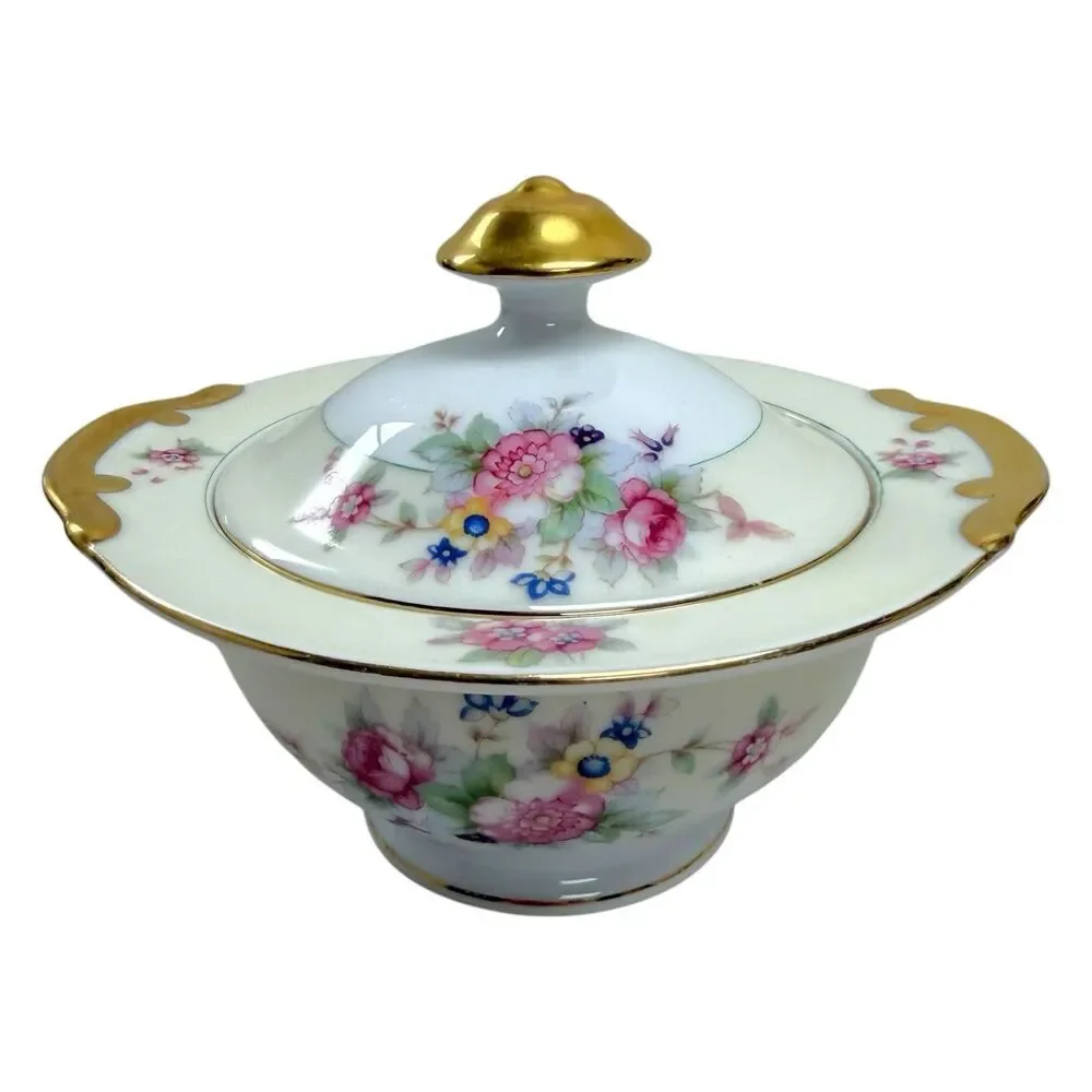 Vintage Blossom China Porcelain Sugar‎ Bowl w/Lid & Creamer Set Floral Japan